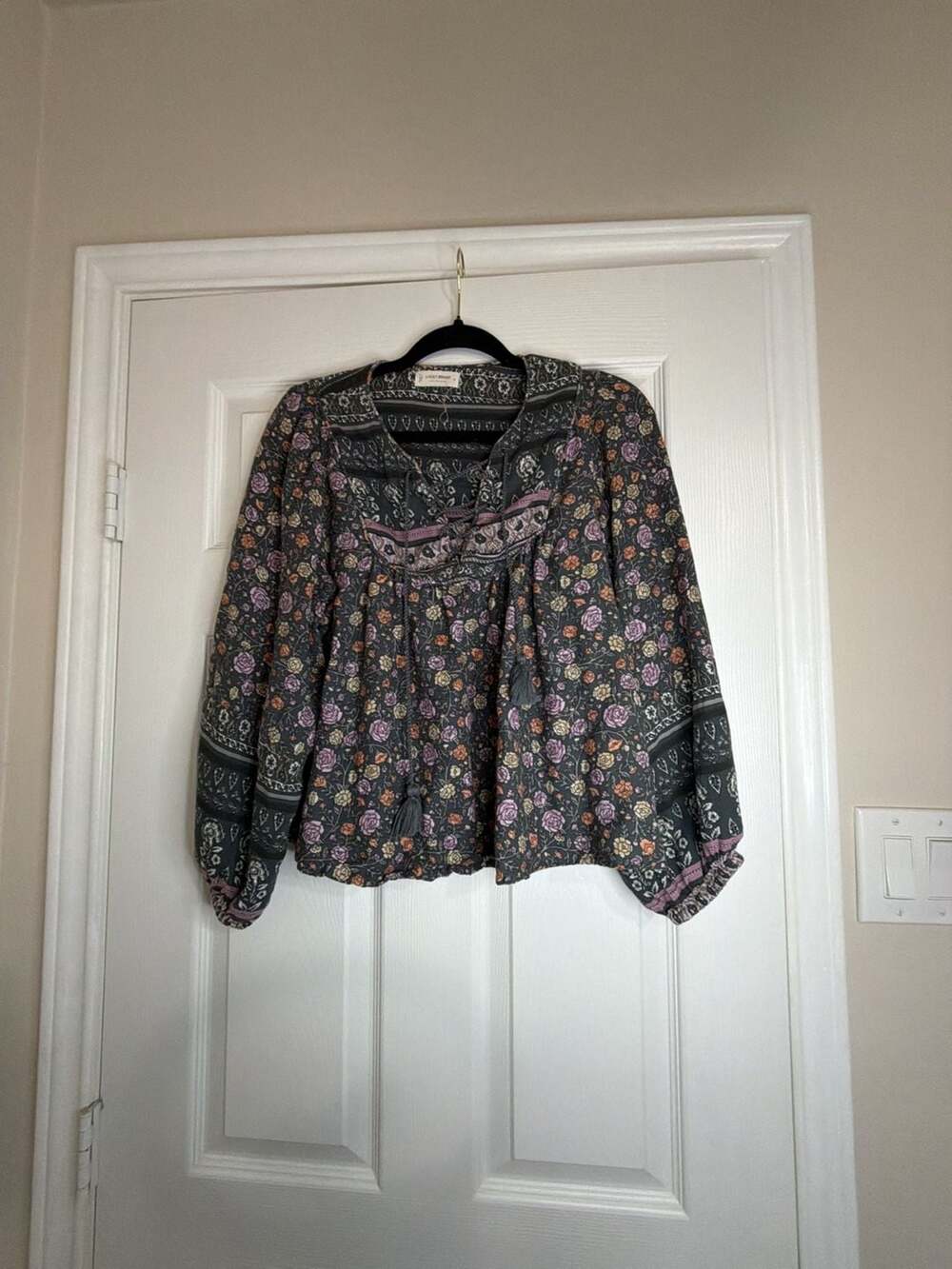 Lucky Brand Los Angeles Women's Floral Print Long Sleeve Peasant Blouse Size S